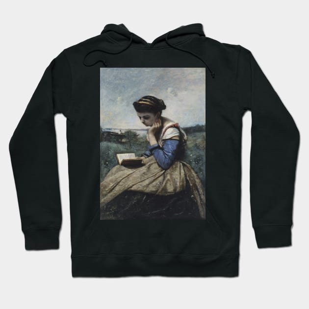 A Woman Reading by Jean-Baptiste-Camille Corot Hoodie by Classic Art Stall